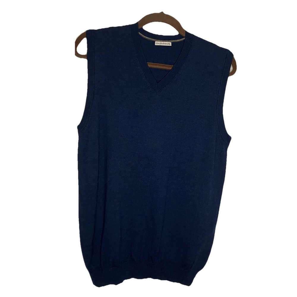 Navy Blue Extra Fine Merino Wool V-Neck Sweater Vest Mens Medium Layering Knit
